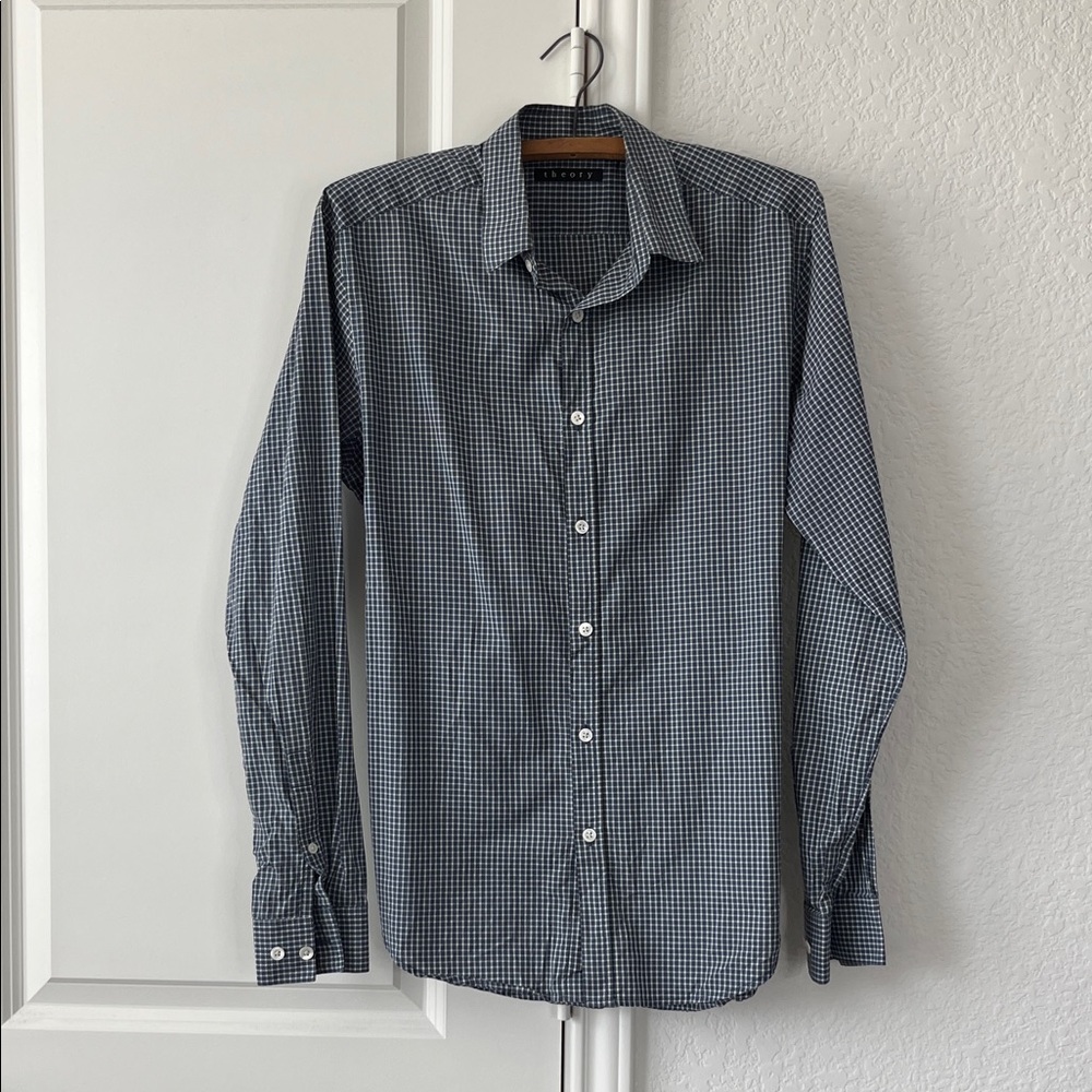 Theory Gridded Plaid Windowpane Button Front Slim… - image 1
